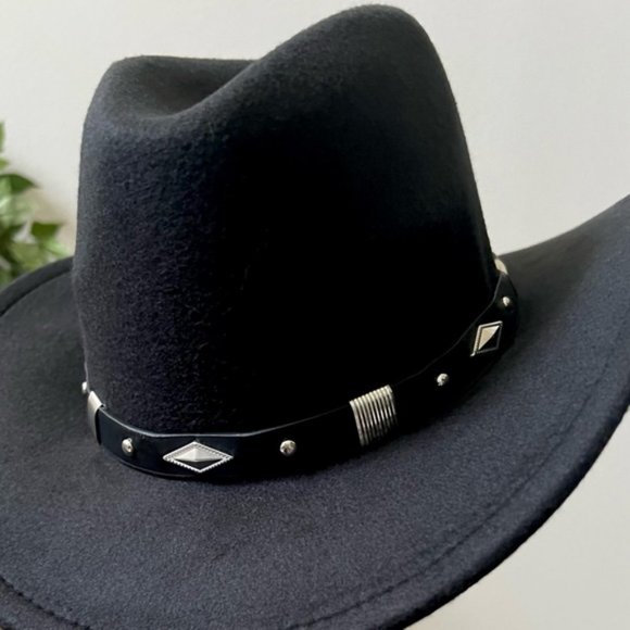 NEW Black Silver Stud Leather Band Embellished Felt Cowboy Cowgirl Western Hat - Picture 12 of 12